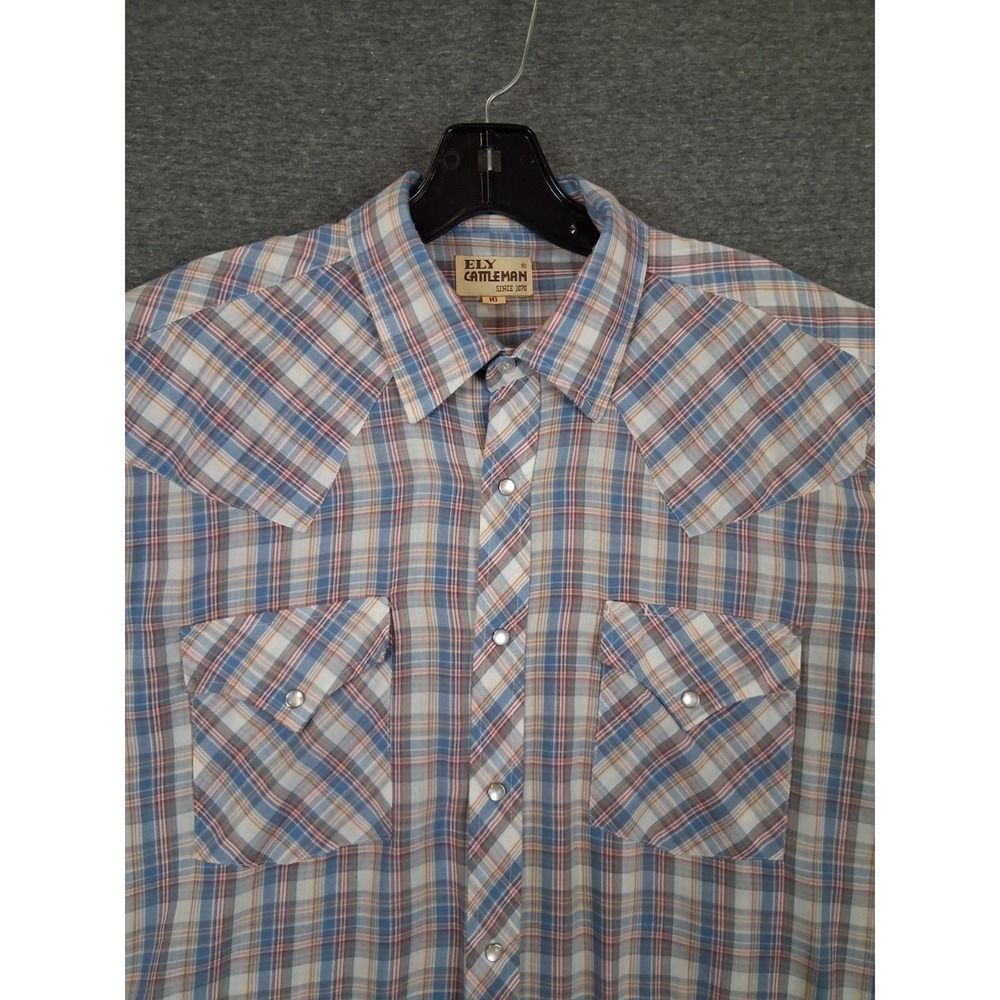 Ely Cattlemen Boys Shirt 16 Blue‎ Red Plaid Pearl Snap Dress Western Rodeo Ranch